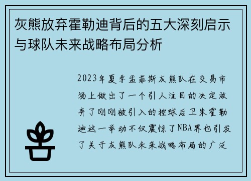 灰熊放弃霍勒迪背后的五大深刻启示与球队未来战略布局分析