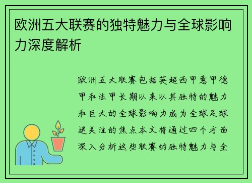 欧洲五大联赛的独特魅力与全球影响力深度解析